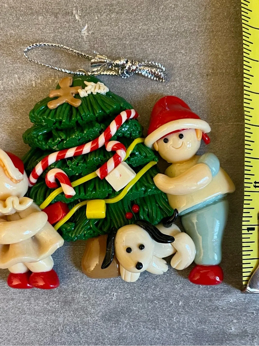 1990s - Christmas Tree Ornament with man, woman and Dog - Green, Red, Cream